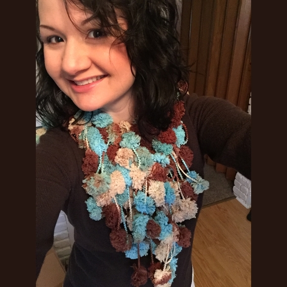 Handmade Fluffy Scarf by me!! Super Soft Puff Balls Green Aqua Blue Brown - Picture 12 of 12